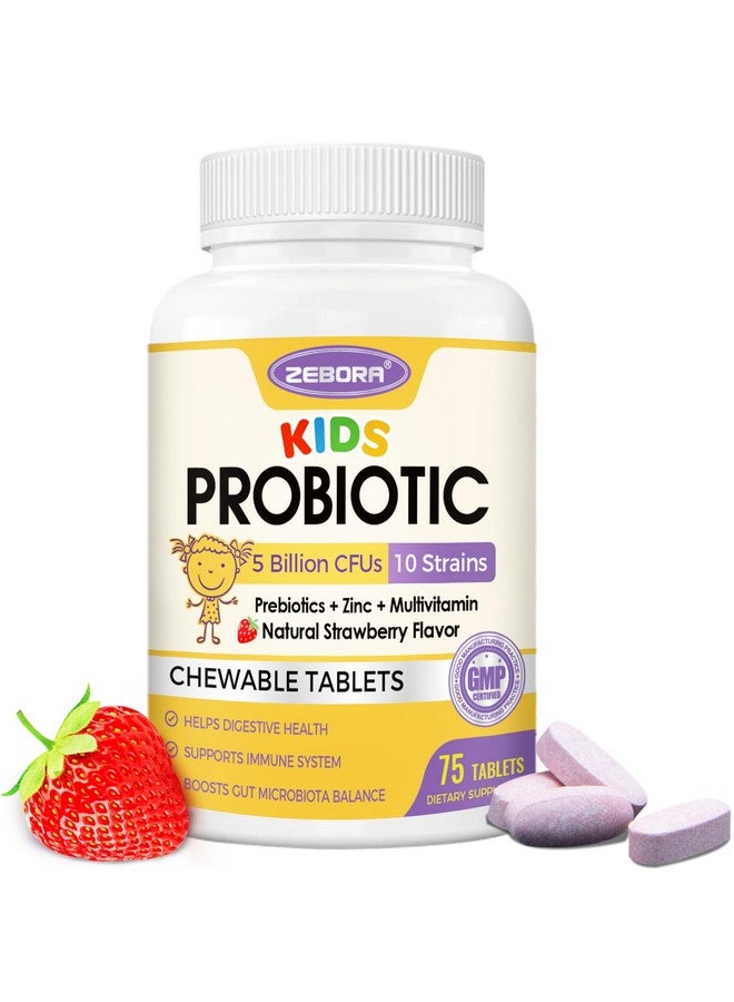 ZEBORA Kids Probiotic Chewables for Digestive Health with 5 Billion CFUs, Prebiotics and Probiotics for Kids for Gut Health, Immune Support, Nutrient Absorb, Vitamin C, Zinc, 75 Servings, Strawberry Flavor  - Image 1