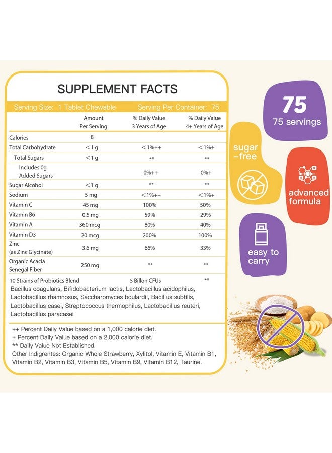 ZEBORA Kids Probiotic Chewables for Digestive Health with 5 Billion CFUs, Prebiotics and Probiotics for Kids for Gut Health, Immune Support, Nutrient Absorb, Vitamin C, Zinc, 75 Servings, Strawberry Flavor  - Image 2