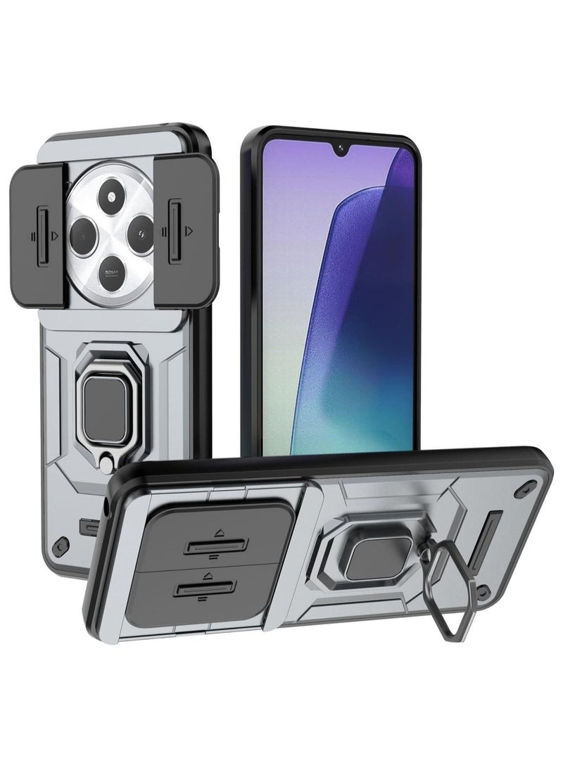 general Case Compatible with Xiaomi Redmi 14C Case, 360° Metal Ring Magnetic Kickstand Shell with Camera Lens Slide Window, TPU+PC Armor Shockproof Protective Cover