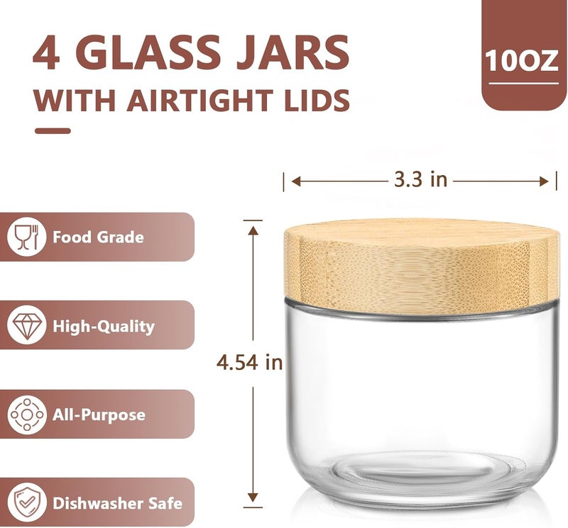 DRKIO 10 Oz Overnight Oats Containers with Bamboo Lids - 4 Pack Glass Storage Jars with Airtight Lids Wide Mouth Mason Food Jars Great for Meal Prep Salad Chia Pudding Snacks Yogurt Sugar Spice - Image 2