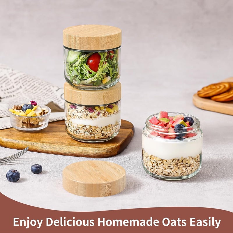 DRKIO 10 Oz Overnight Oats Containers with Bamboo Lids - 4 Pack Glass Storage Jars with Airtight Lids Wide Mouth Mason Food Jars Great for Meal Prep Salad Chia Pudding Snacks Yogurt Sugar Spice - Image 4