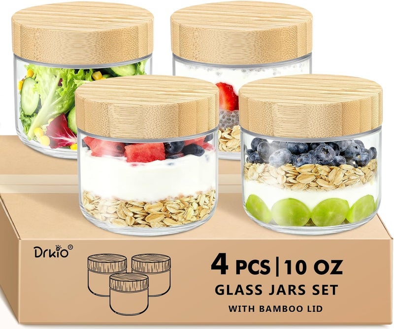 DRKIO 10 Oz Overnight Oats Containers with Bamboo Lids - 4 Pack Glass Storage Jars with Airtight Lids Wide Mouth Mason Food Jars Great for Meal Prep Salad Chia Pudding Snacks Yogurt Sugar Spice - Image 1