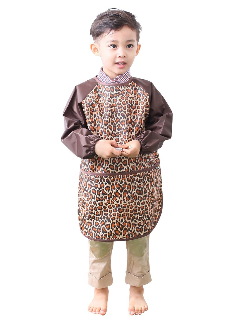 Plie Kids Painting Apron – Waterproof Long Sleeve Art Smock for Toddlers & Preschoolers, Messy Play, Baking, Crafts, Cooking, Sensory Activities (Ages 1–10), Brown Animal (10-S) - Image 1