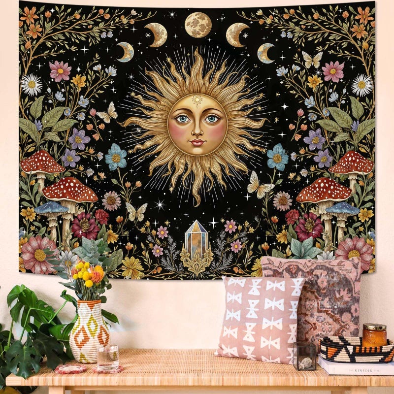 Aipon Boho Sun and Moon Tapestry Hippie Mushroom Floral Wall Tapestry for Bedroom Aesthetic Moon Phase Vintage Plant Celestial Small Tapestries Wall Hanging for Living Room Dorm 48 x 36 Inch - Image 4