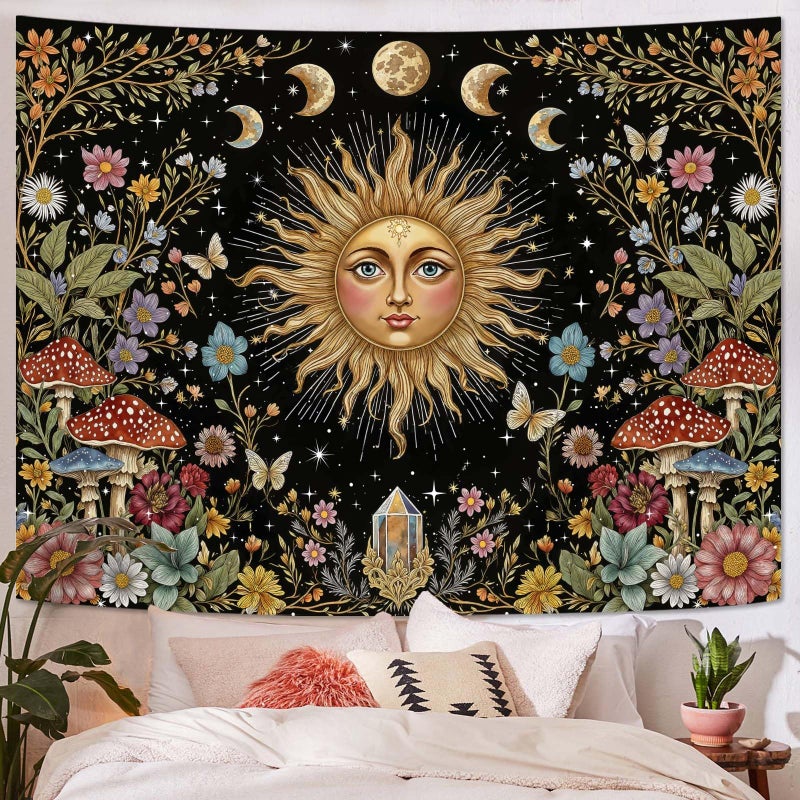 Aipon Boho Sun and Moon Tapestry Hippie Mushroom Floral Wall Tapestry for Bedroom Aesthetic Moon Phase Vintage Plant Celestial Small Tapestries Wall Hanging for Living Room Dorm 48 x 36 Inch - Image 1