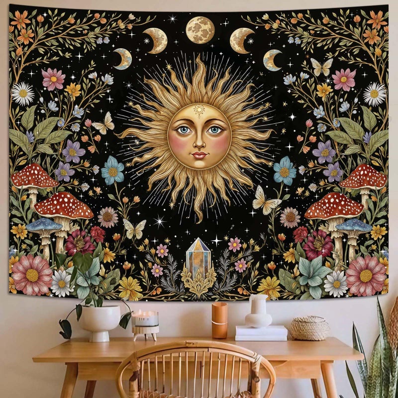Aipon Boho Sun and Moon Tapestry Hippie Mushroom Floral Wall Tapestry for Bedroom Aesthetic Moon Phase Vintage Plant Celestial Small Tapestries Wall Hanging for Living Room Dorm 48 x 36 Inch - Image 2