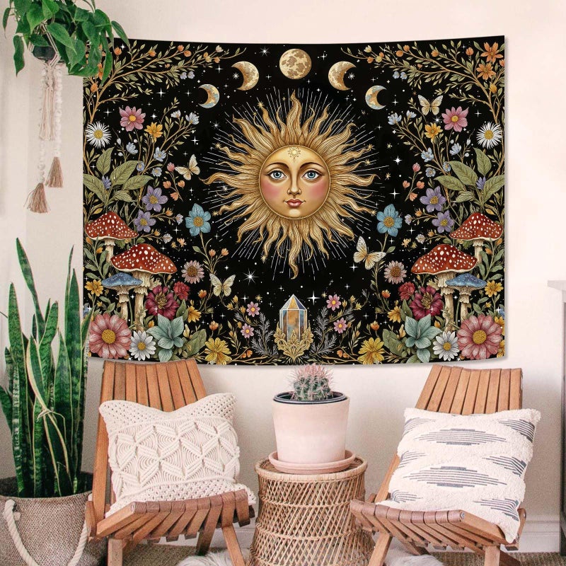 Aipon Boho Sun and Moon Tapestry Hippie Mushroom Floral Wall Tapestry for Bedroom Aesthetic Moon Phase Vintage Plant Celestial Small Tapestries Wall Hanging for Living Room Dorm 48 x 36 Inch - Image 5