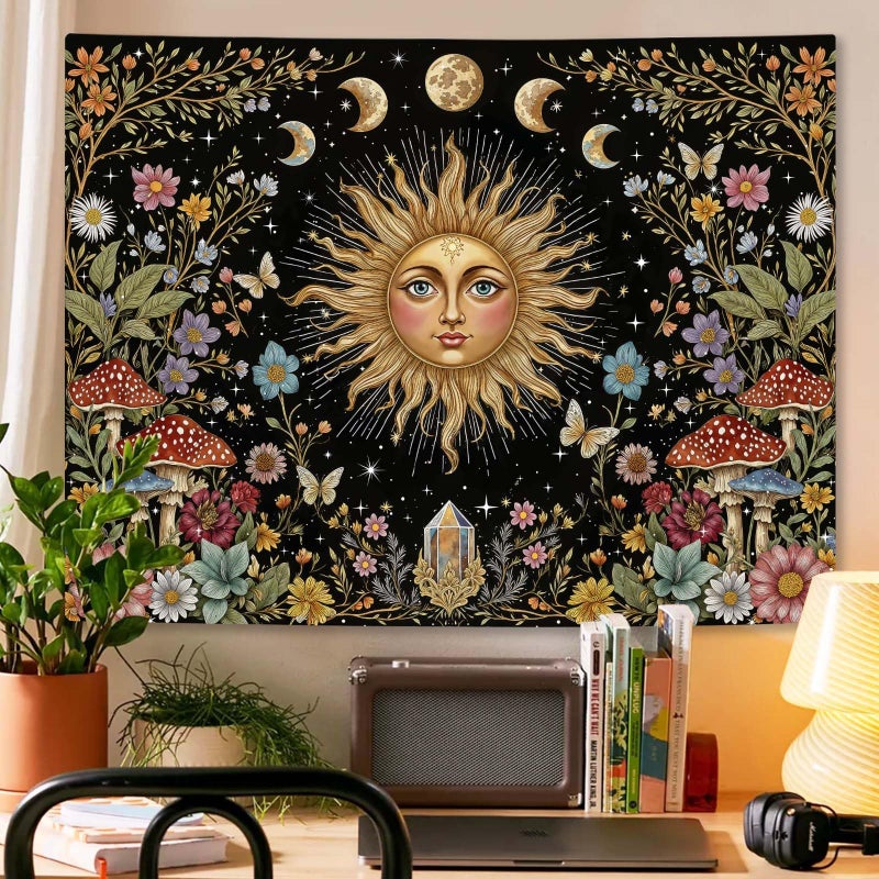 Aipon Boho Sun and Moon Tapestry Hippie Mushroom Floral Wall Tapestry for Bedroom Aesthetic Moon Phase Vintage Plant Celestial Small Tapestries Wall Hanging for Living Room Dorm 48 x 36 Inch - Image 3