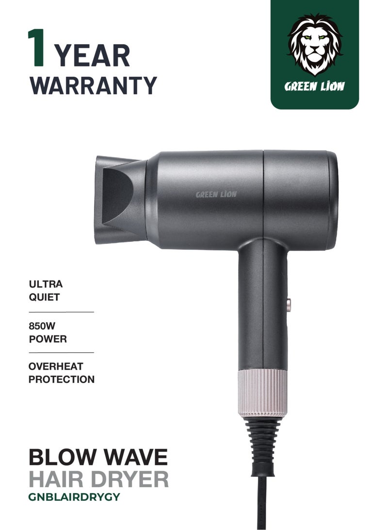GREEN LION Blow Wave Hair Dryer 850W / Portable Design/ Drying and Styling/ Hot & Cool Wind / Overheat Protection / Ultra Quiet - Grey - Image 1