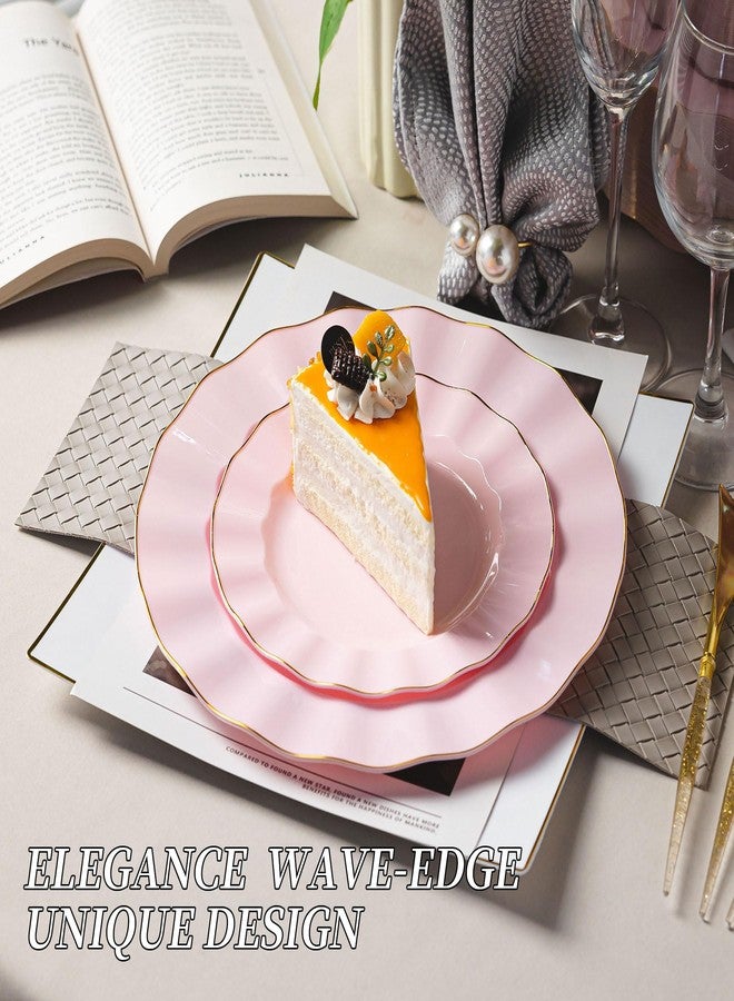 QualQuot 120PCS Pink Plastic Plates, Heavy Duty Disposable Party Plates with Gold Rim, Fancy 60 Dinner & 60 Dessert Plates for Parties and Wedding - Image 3