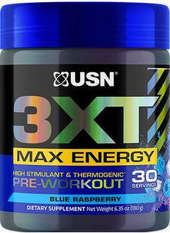 USN USN 3XT High Stimulant &Thermogenic Pre Workout Max Energy Blue Raspberry 30 Servings 