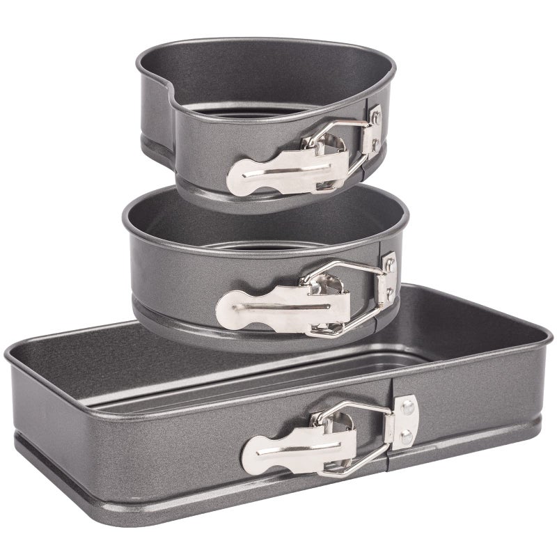Non Stick Bakeware Set Cake Tins Set, Leakproof Springform Baking Tray Set of 3, 1 Rectangle Cake Pan + 1 Springform Round Baking Tins + 1 Mini Heart-Shaped Baking Pan