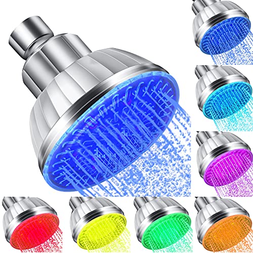 LED Shower Head with Light 7 Color Light Automatically Changing LED Fixed Rainfall Adjustable High Pressure Quiet Light up Shower Heads Easy Installation for Kid Adult