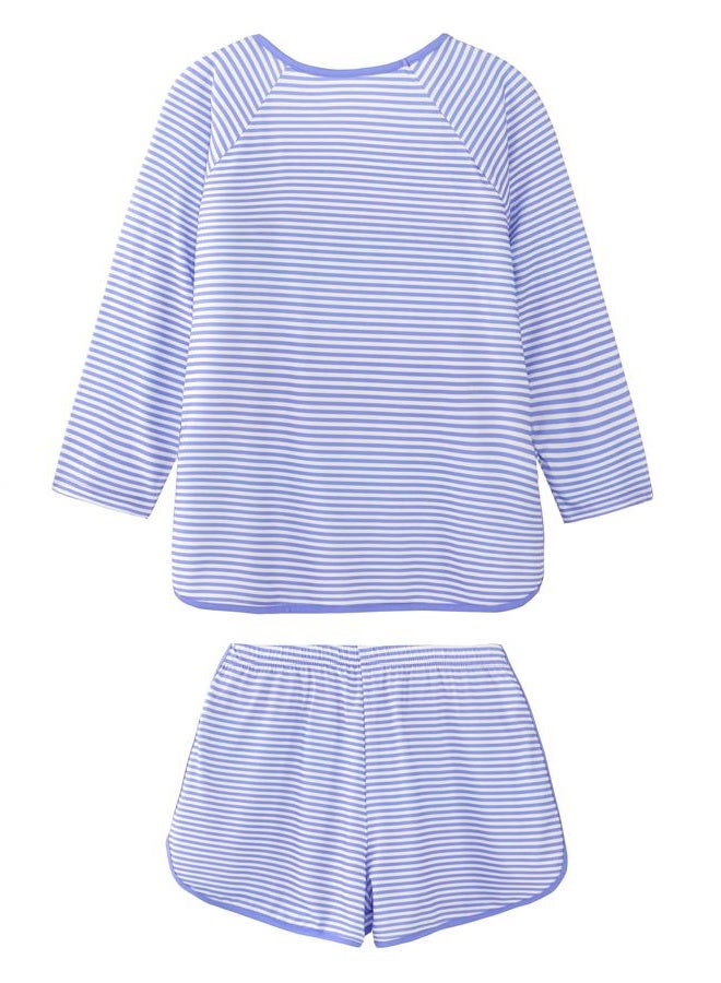 Hilinker Womens Striped Pajama Set 3/4 Sleeve Top with Shorts Sleepwear 2 Piece Lounge Sets, Blue Stripe, S - Image 4
