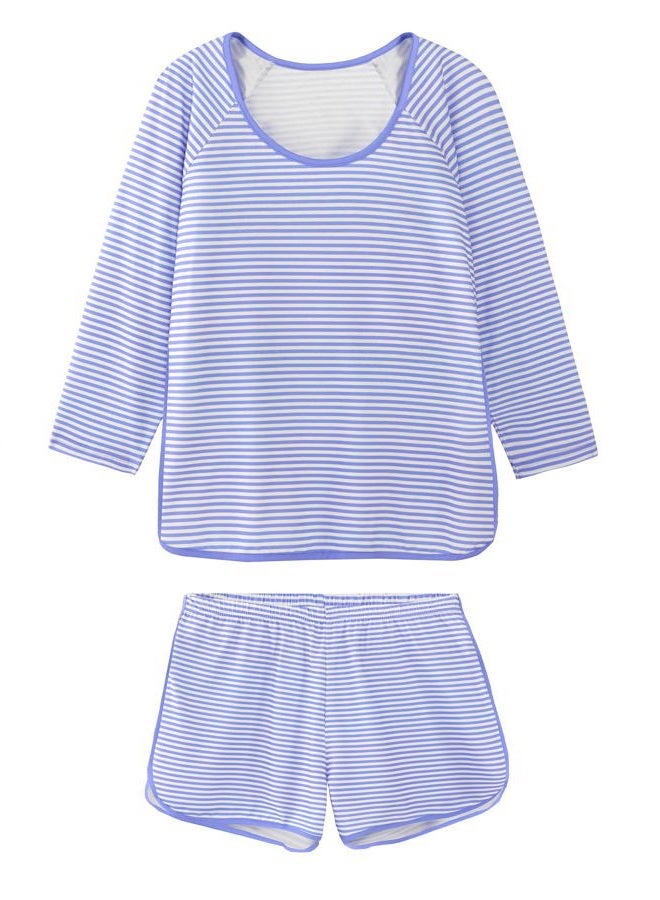 Hilinker Womens Striped Pajama Set 3/4 Sleeve Top with Shorts Sleepwear 2 Piece Lounge Sets, Blue Stripe, S - Image 1