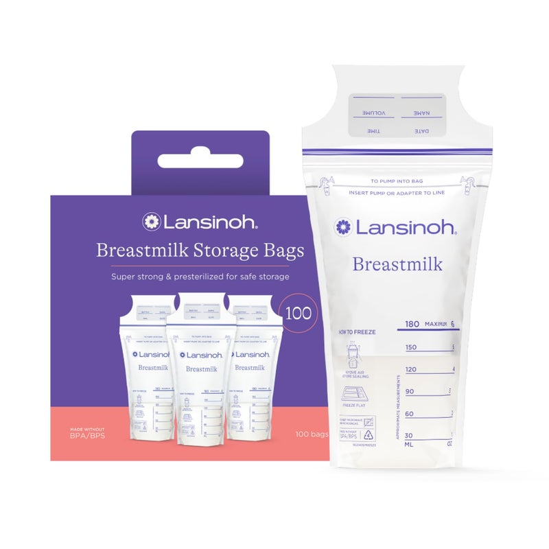 Lansinoh Breastmilk Storage Bags, 100 Count, Baby Essentials, Fast Freeze & Thaw Breast Milk Bags for Baby Bottle Feeding, Superior Strength & Stretch, 6 Ounce - Image 1