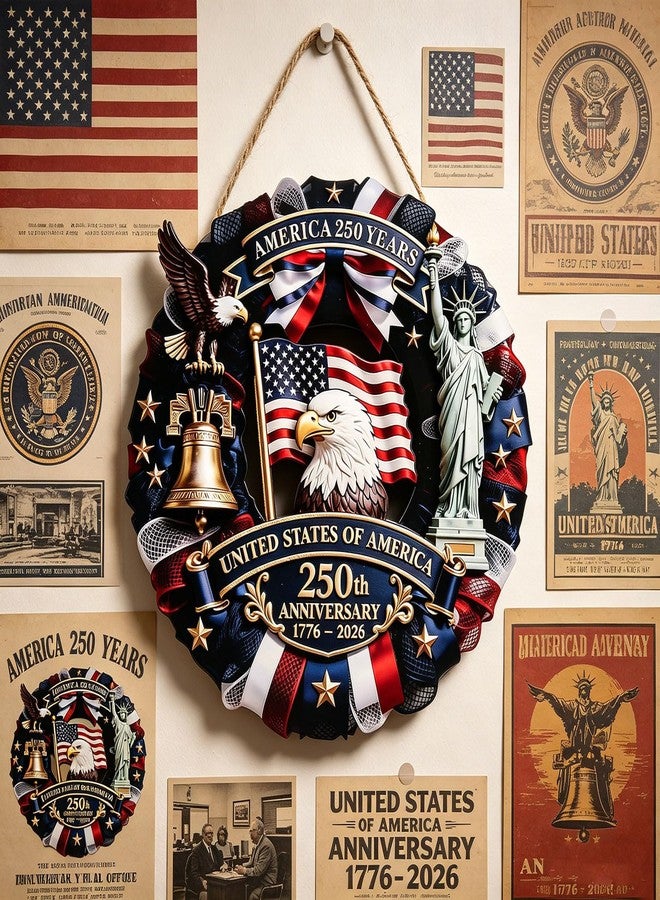 Spiritlele 250th Anniversary USA Door Sign Patriotic Wreath 4th of July Hanging Plaque 250 Years Indoor Decoration for Front Door Home Office Celebration Gift - Image 4