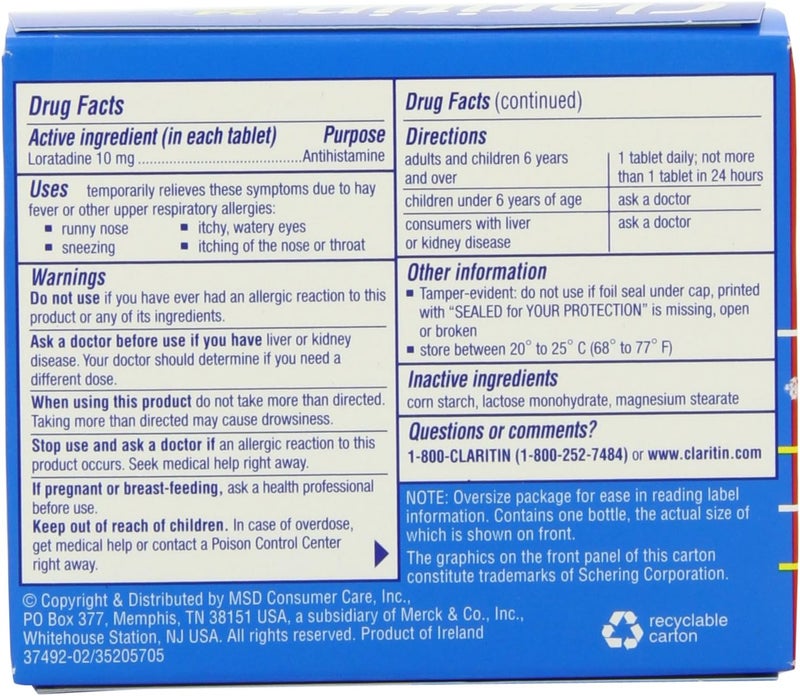 Claritin كلاريتين 24 ساعة دواء للحساسية غير مسبب للنعاس قوة وصفة تخفيف الحساسية لوراتادين أقراص مضادة للهستامين 45 عدداً - Image 2