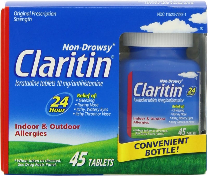 Claritin كلاريتين 24 ساعة دواء للحساسية غير مسبب للنعاس قوة وصفة تخفيف الحساسية لوراتادين أقراص مضادة للهستامين 45 عدداً - Image 1