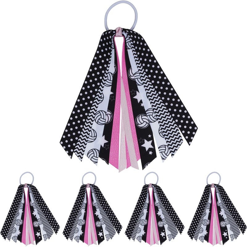 YKW 5 Pack Volleyball Hair Ties Ribbon Ponytail Holder for Girls - Sports Team Accessories with Net Pattern Scrunchies, Streamers Hair Bows Gift Set for Players, Fans, Mom (Volleyball) - Image 1