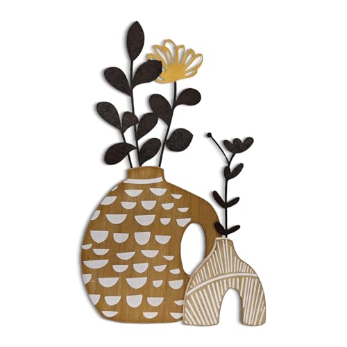 WOPARTY Rustic Metal and Wood Flowers Wall Art, Bohemian Vase with Flower Design, Black and Gold, 16.2x10 Inch, Farmhouse Wall Decor Home Bedroom Dining Room Housewarming - Image 1