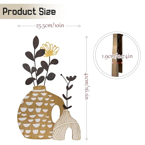 WOPARTY Rustic Metal and Wood Flowers Wall Art, Bohemian Vase with Flower Design, Black and Gold, 16.2x10 Inch, Farmhouse Wall Decor Home Bedroom Dining Room Housewarming - Image 3