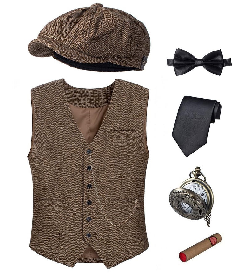 TOGROP 1920s Mens Costume Vest Hat Pocket Watch Accessories Set Adult Party Cosplay Dark Brown XLarge - Image 2