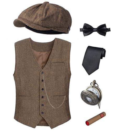 TOGROP 1920s Mens Costume Vest Hat Pocket Watch Accessories Set Adult Party Cosplay Dark Brown XLarge - Image 1