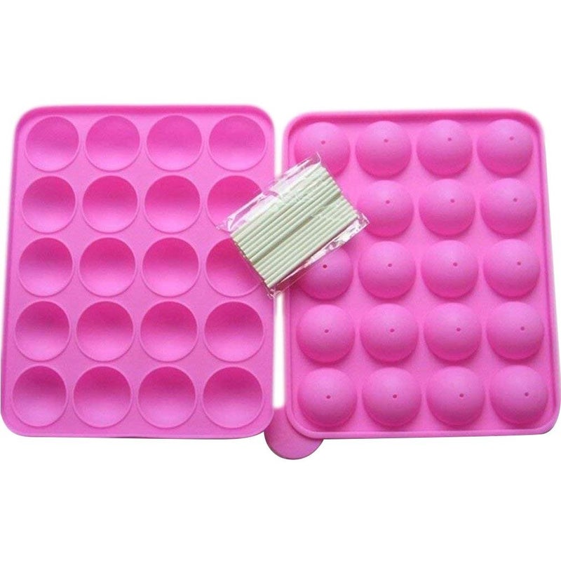 Rbenxia Silicone Cake Mold 20-Cavity Half Circle Lollipop Party Cupcake Baking Mold Cake Pop Stick Mold Tray Hot Pink With 25 Sticks - Image 1
