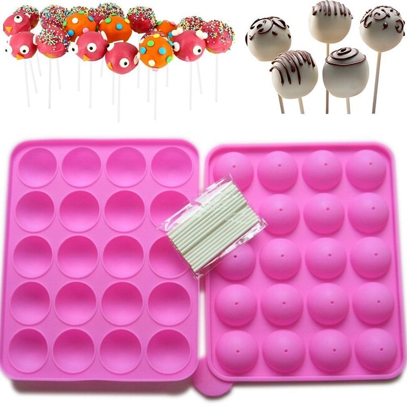 Rbenxia Silicone Cake Mold 20-Cavity Half Circle Lollipop Party Cupcake Baking Mold Cake Pop Stick Mold Tray Hot Pink With 25 Sticks - Image 3