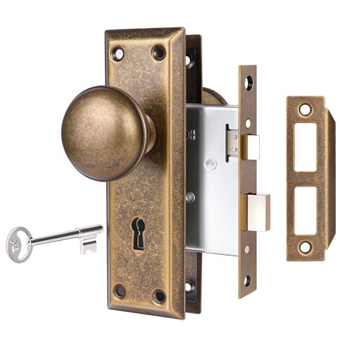newliplace Mortise Lock Set for Interior Door, Vintage Door Knobs with Lock and Skeleton Key, Antique Brass Door Knobs for Old Style Doors - Image 1