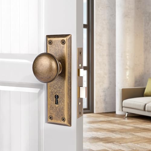 newliplace Mortise Lock Set for Interior Door, Vintage Door Knobs with Lock and Skeleton Key, Antique Brass Door Knobs for Old Style Doors - Image 2