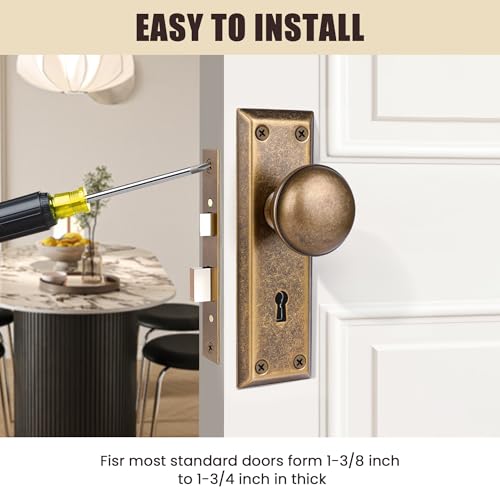 newliplace Mortise Lock Set for Interior Door, Vintage Door Knobs with Lock and Skeleton Key, Antique Brass Door Knobs for Old Style Doors - Image 4