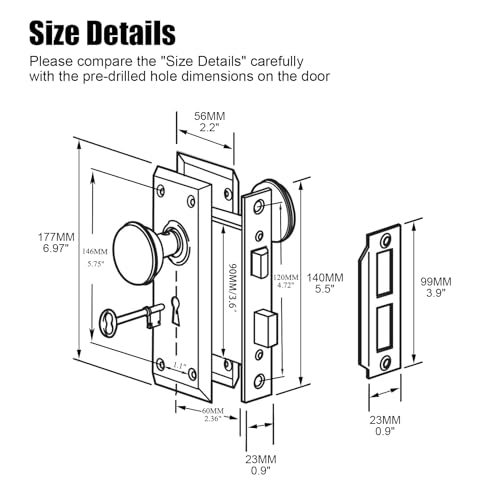 newliplace Mortise Lock Set for Interior Door, Vintage Door Knobs with Lock and Skeleton Key, Antique Brass Door Knobs for Old Style Doors - Image 3