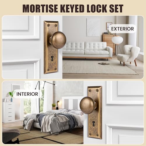 newliplace Mortise Lock Set for Interior Door, Vintage Door Knobs with Lock and Skeleton Key, Antique Brass Door Knobs for Old Style Doors - Image 5