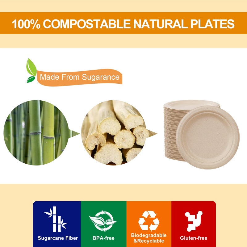 WELLIFE 100% Compostable Paper Plates 7 Inch  125-Pack Heavy Duty Paper Plates Bulk Biodegradable Bagasse Eco-Friendly Disposable Dessert Plate for BBQ Picnic Party (BPI Certified Microwaveable) - Image 3