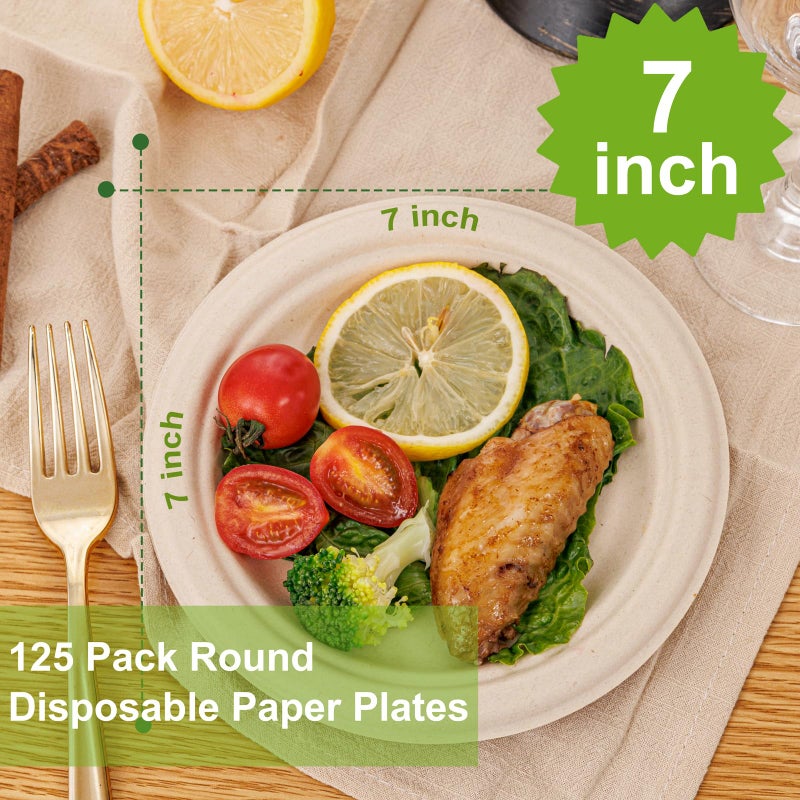WELLIFE 100% Compostable Paper Plates 7 Inch  125-Pack Heavy Duty Paper Plates Bulk Biodegradable Bagasse Eco-Friendly Disposable Dessert Plate for BBQ Picnic Party (BPI Certified Microwaveable) - Image 1