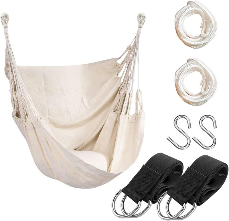 Hatisan Hammock Chair Hanging Rope Swing Seat for Indoor Outdoor, Sturdy Cotton Weave Hammock Swing, Max 300Lbs Hanging Hammock Chair for Bedroom Patio Porch (Wooden Bar and Pillows NOT Included, Beige) - Image 1