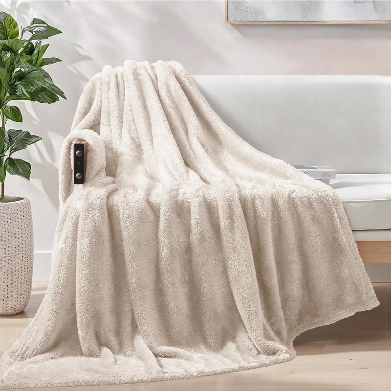 Exclusivo Mezcla Plush Extra Large Fleece Throw Blanket - Soft, Warm, Lightweight for Couch, Bed, and Sofa (50x70 inches, Beige) - Image 1