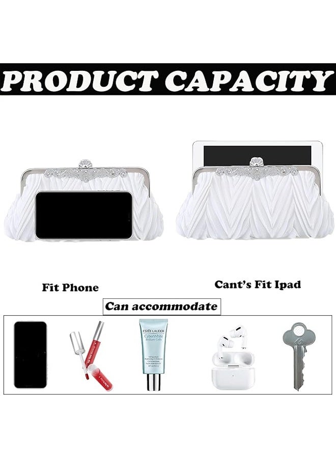SHABILI Women Satin Ruched Clutch Bag Evening Bag Handbag Tote Bags , Ladies Banquet Bag Small Bag with Rhinestone Kiss-Lock Elegance for Teen Youth Daily Casual Party Wedding Events (White) - Image 3