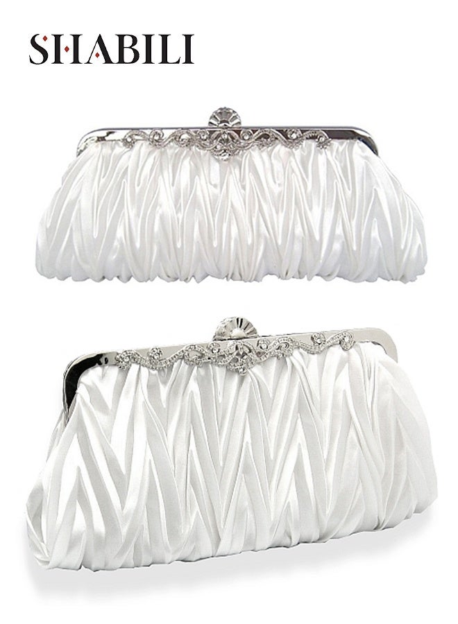 SHABILI Women Satin Ruched Clutch Bag Evening Bag Handbag Tote Bags , Ladies Banquet Bag Small Bag with Rhinestone Kiss-Lock Elegance for Teen Youth Daily Casual Party Wedding Events (White) - Image 1