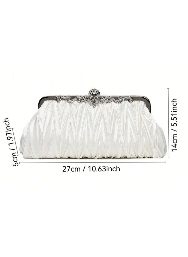 SHABILI Women Satin Ruched Clutch Bag Evening Bag Handbag Tote Bags , Ladies Banquet Bag Small Bag with Rhinestone Kiss-Lock Elegance for Teen Youth Daily Casual Party Wedding Events (White) - Image 4