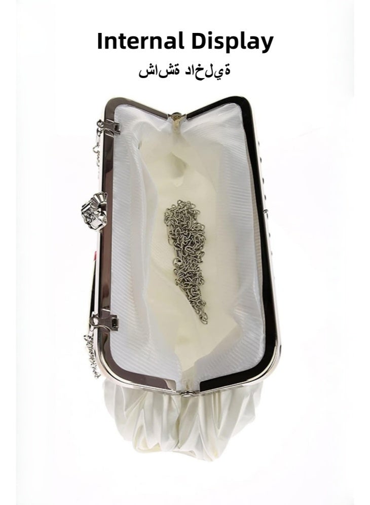 SHABILI Women Satin Ruched Clutch Bag Evening Bag Handbag Tote Bags , Ladies Banquet Bag Small Bag with Rhinestone Kiss-Lock Elegance for Teen Youth Daily Casual Party Wedding Events (White) - Image 5