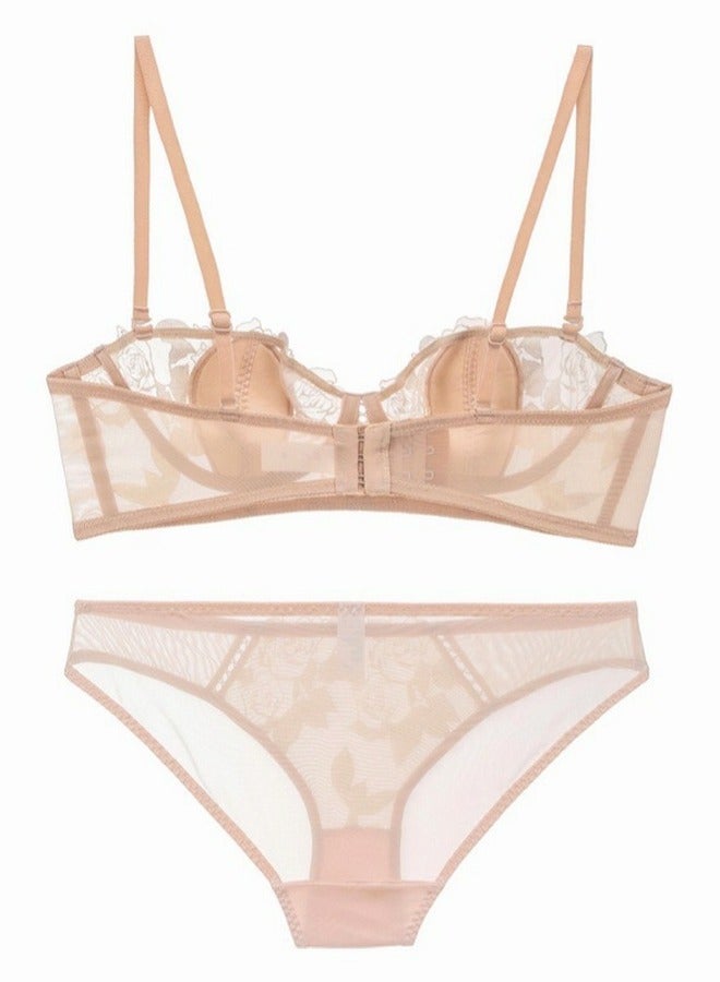 Loquat Solid Color Ultra Thin Cup Floral Embroidered Lace Bra And Panty Set Beige - Image 2