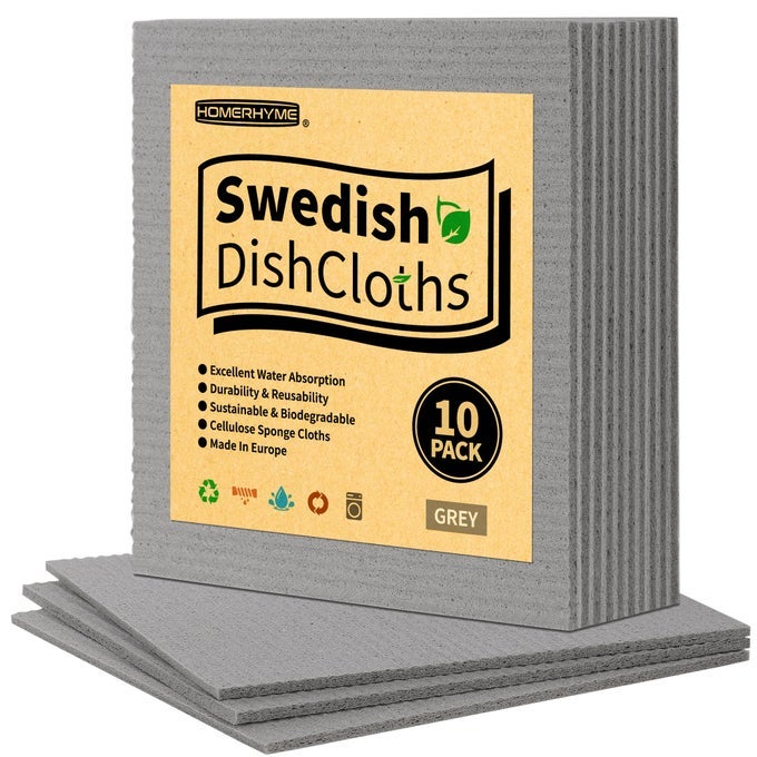 SWEDISH DISHCLOTHS 10 PACK ABSORBENT DISH TOWELS FOR KITCHEN MULTIPURPOSE CELLULOSE SPONGE CLOTHS REUSABLE WASHABLE TOWELS FOR HOME KITCHEN GREY