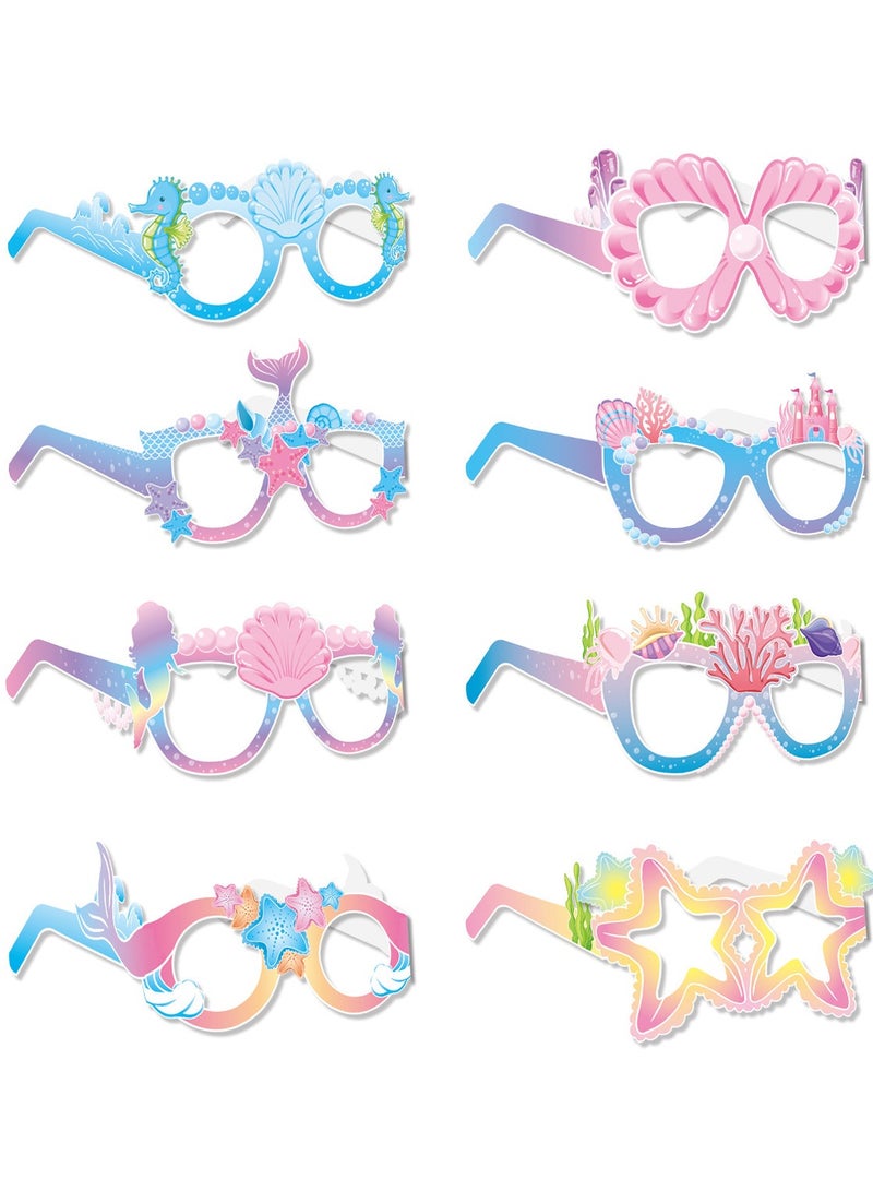 8 قطع من زينة حفلات حورية البحر، نظارات ورقية بطابع حورية البحر، زينة حفلات حورية البحر، دعامات ورقية لكشك الصور - Image 1