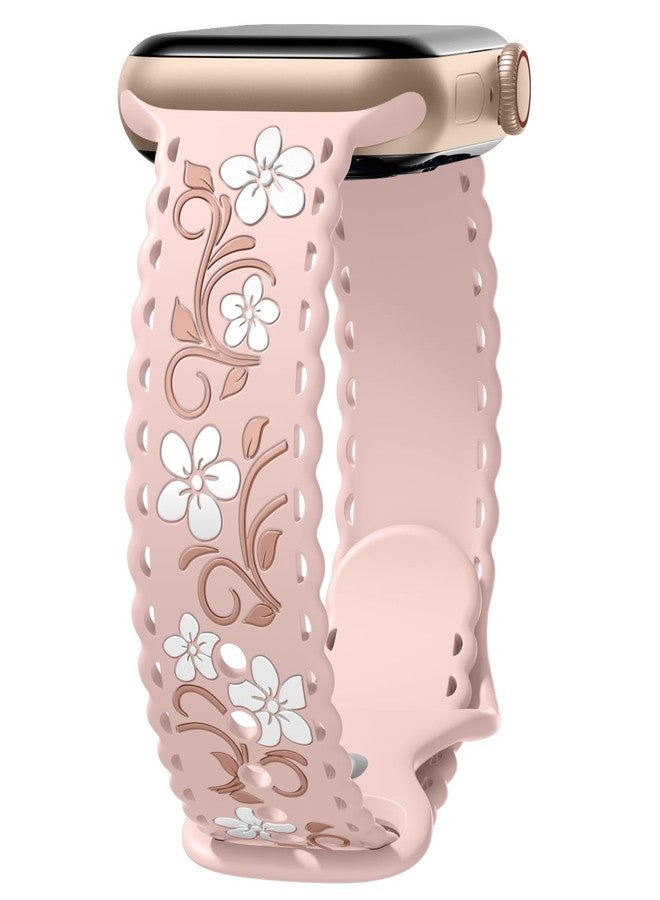 Getino Floral Band Compatible with Apple Watch Bands For Women 40mm 42mm 41mm 38mm 44mm 45mm 46mm 49mm, Cute Engraved Flower Soft Comfortable Silicone Strap for iWatch Series 11 10 9 8 7 6 5 4 3-1 SE - Image 1