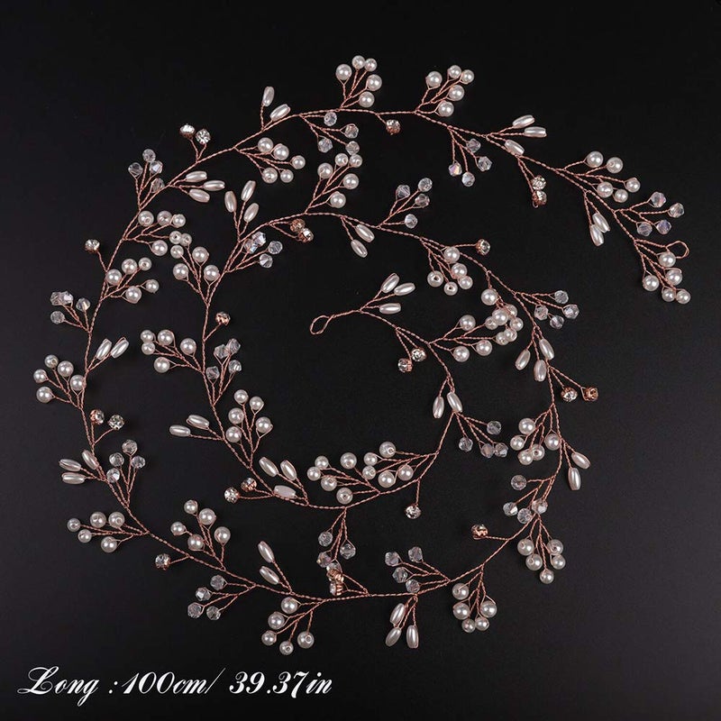 Denifery Bridal Rose Gold Extra Long Pearl and Crystal Beads Bridal Hair Vine Wedding Head Piece Bridal Accessories (Rose gold) - Image 3