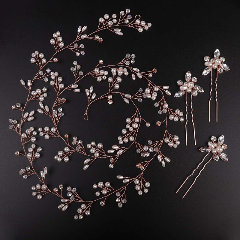 Denifery Bridal Rose Gold Extra Long Pearl and Crystal Beads Bridal Hair Vine Wedding Head Piece Bridal Accessories (Rose gold) - Image 4