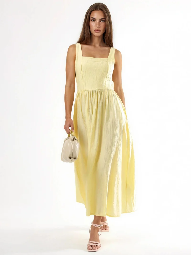 Busem Lemon Yellow BUSEM Solid Midi Dress with Square Collar for Women | Best Price UAE